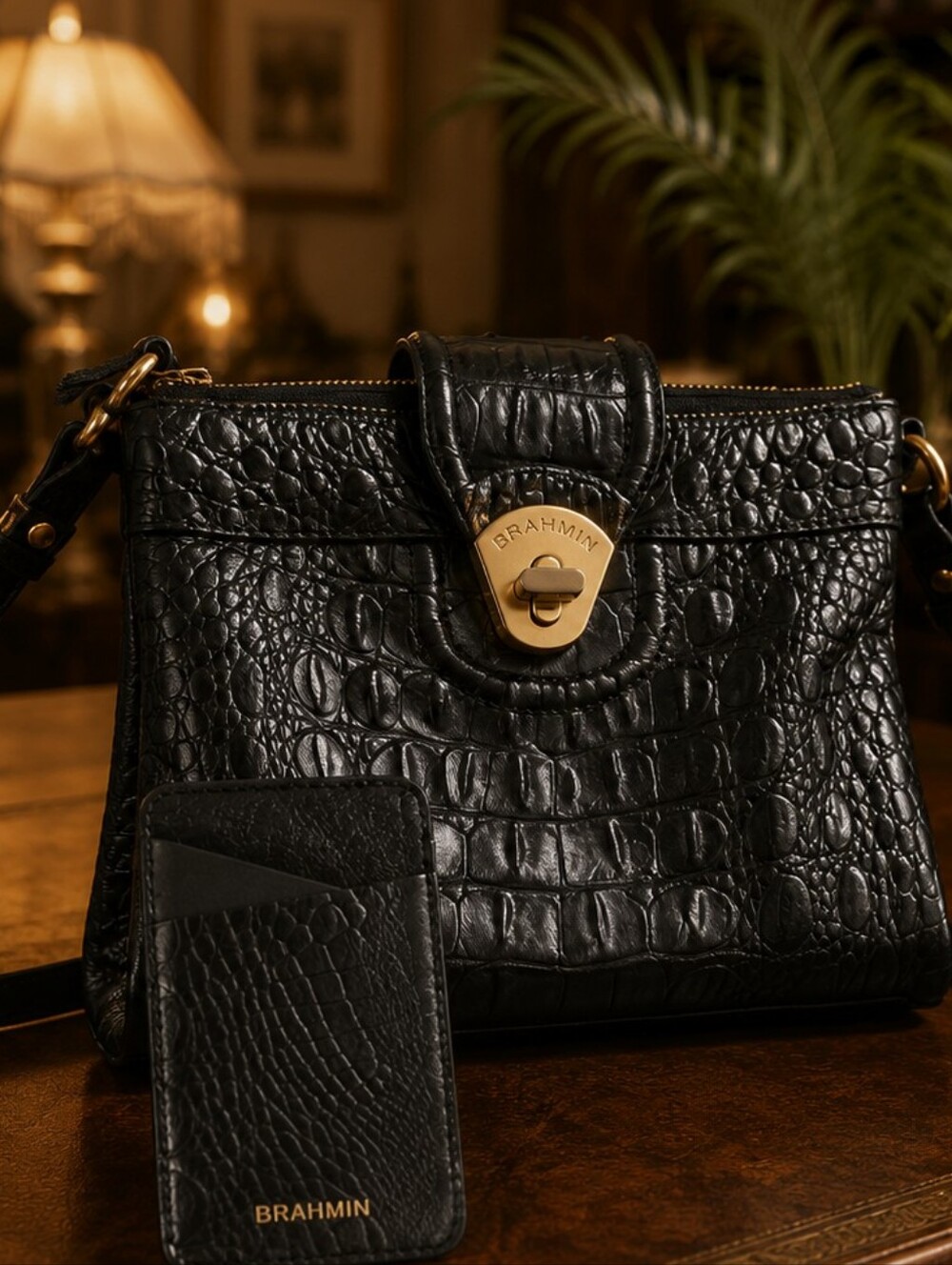 Vintage Brahmin Croc-Embossed Leather Organizer Xbody Wallet Purse + Card Holder